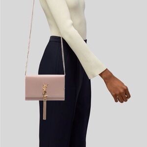 Authentic Yves Saint Laurent Beige Leather Kate Tassel Wallet on Chain Bag